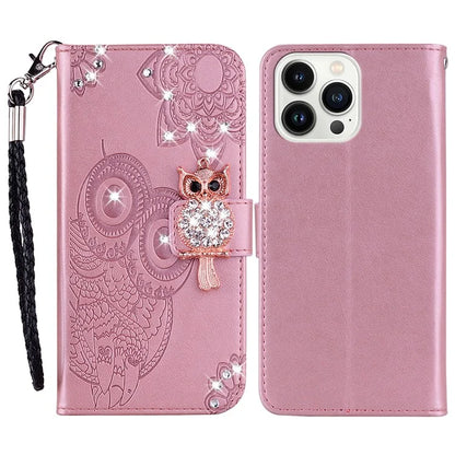 For iPhone 16 Pro Max Wallet Case Owl Flower Imprinted Rhinestone Leather Cover