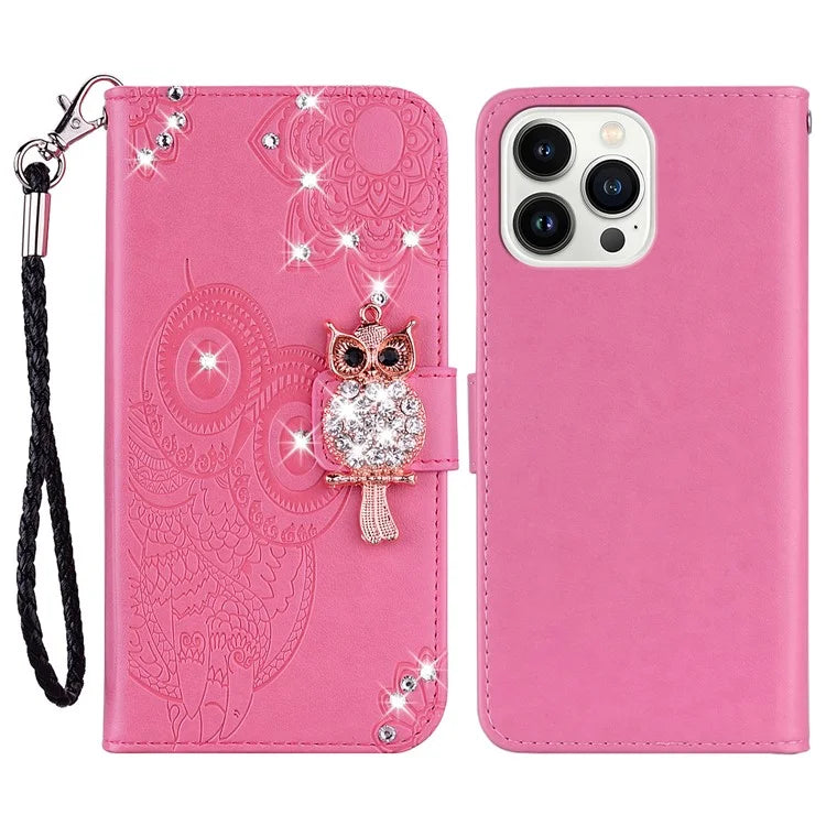 For iPhone 16 Pro Max Wallet Case Owl Flower Imprinted Rhinestone Leather Cover