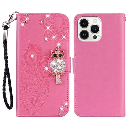 For iPhone 16 Pro Max Wallet Case Owl Flower Imprinted Rhinestone Leather Cover