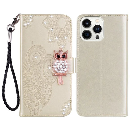 For iPhone 16 Pro Max Wallet Case Owl Flower Imprinted Rhinestone Leather Cover