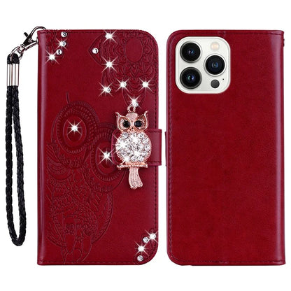 For iPhone 16 Pro Wallet Case Owl Flower Imprinted Rhinestone Leather Cover