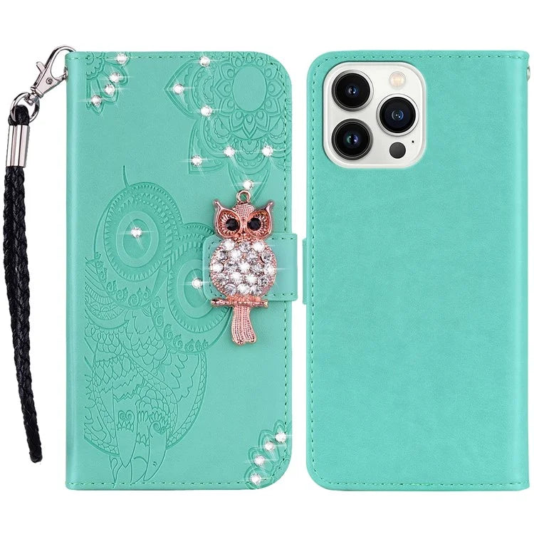 For iPhone 16 Pro Wallet Case Owl Flower Imprinted Rhinestone Leather Cover
