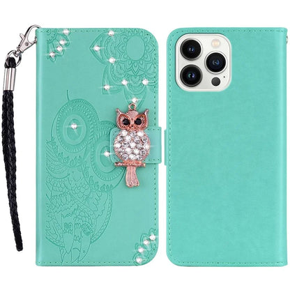 For iPhone 16 Pro Wallet Case Owl Flower Imprinted Rhinestone Leather Cover