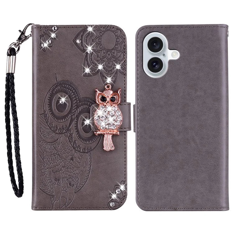 For iPhone 16 Plus Wallet Case Owl Flower Imprinted Rhinestone Leather Cover