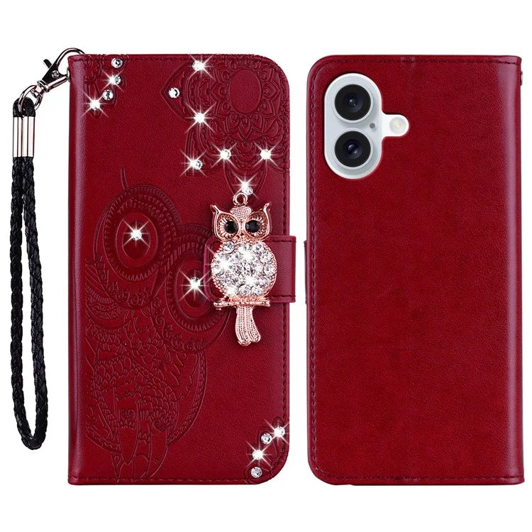 For iPhone 16 Plus Wallet Case Owl Flower Imprinted Rhinestone Leather Cover