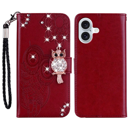For iPhone 16 Plus Wallet Case Owl Flower Imprinted Rhinestone Leather Cover