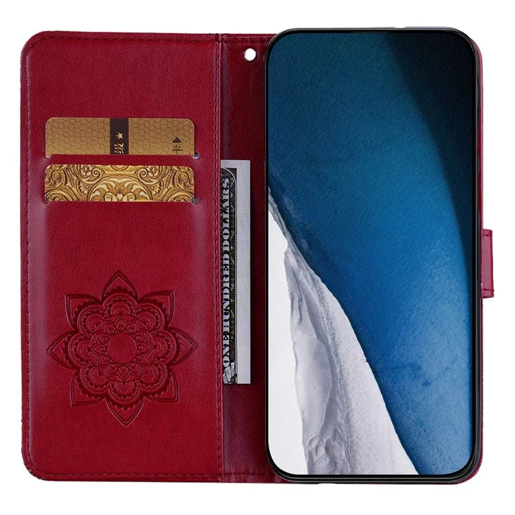 For iPhone 16 Plus Wallet Case Owl Flower Imprinted Rhinestone Leather Cover