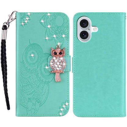 For iPhone 16 Plus Wallet Case Owl Flower Imprinted Rhinestone Leather Cover