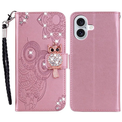 For iPhone 16 Plus Wallet Case Owl Flower Imprinted Rhinestone Leather Cover
