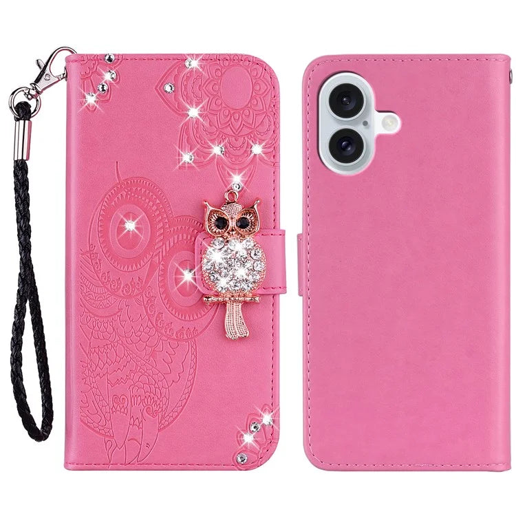 For iPhone 16 Plus Wallet Case Owl Flower Imprinted Rhinestone Leather Cover