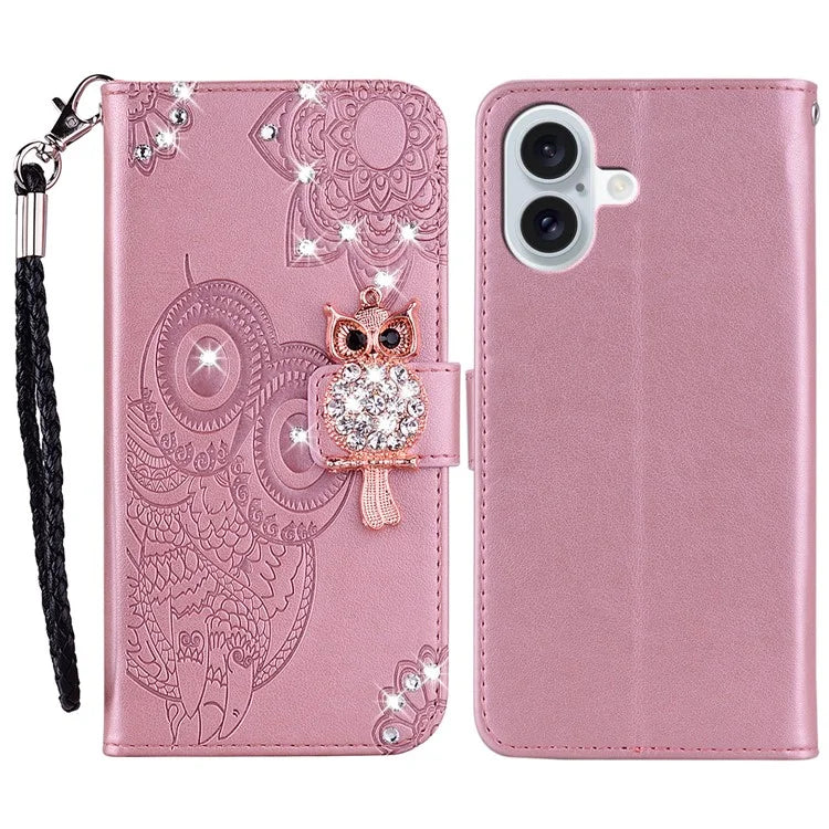 For iPhone 16 Wallet Case Owl Flower Imprinted Rhinestone Leather Cover