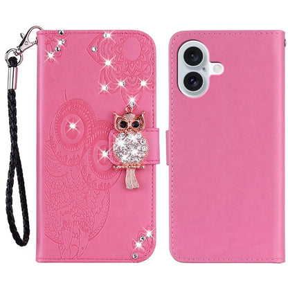 For iPhone 16 Wallet Case Owl Flower Imprinted Rhinestone Leather Cover