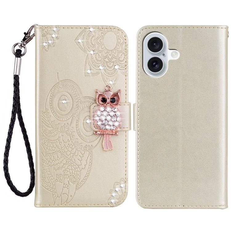 For iPhone 16 Wallet Case Owl Flower Imprinted Rhinestone Leather Cover
