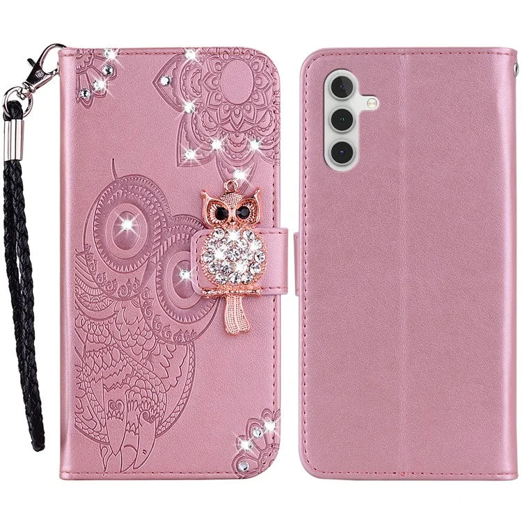 For Samsung Galaxy S24 FE Wallet Case Owl Flower Imprinted Rhinestone Leather Cover