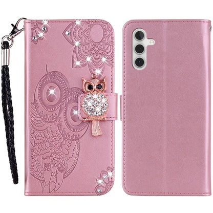 For Samsung Galaxy S24 FE Wallet Case Owl Flower Imprinted Rhinestone Leather Cover