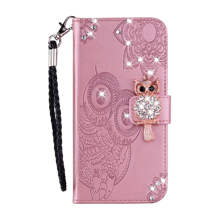 For Samsung Galaxy S24 FE Wallet Case Owl Flower Imprinted Rhinestone Leather Cover
