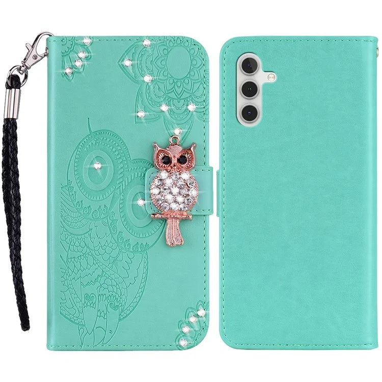For Samsung Galaxy S24 FE Wallet Case Owl Flower Imprinted Rhinestone Leather Cover