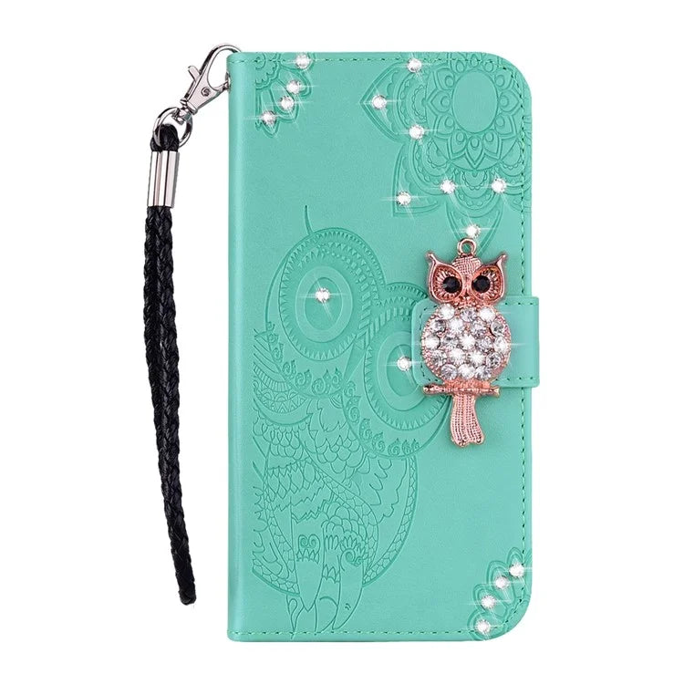 For Samsung Galaxy S24 FE Wallet Case Owl Flower Imprinted Rhinestone Leather Cover