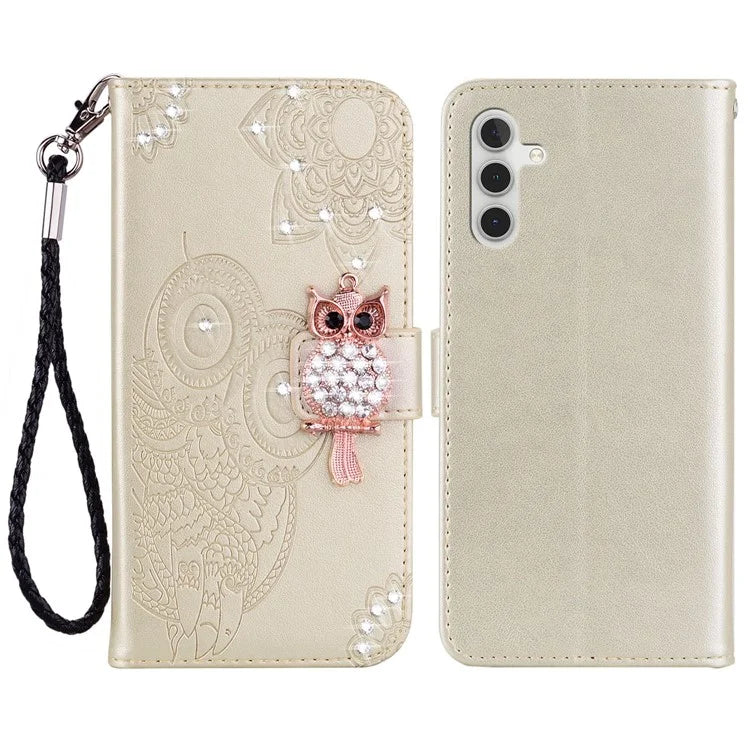For Samsung Galaxy S24 FE Wallet Case Owl Flower Imprinted Rhinestone Leather Cover