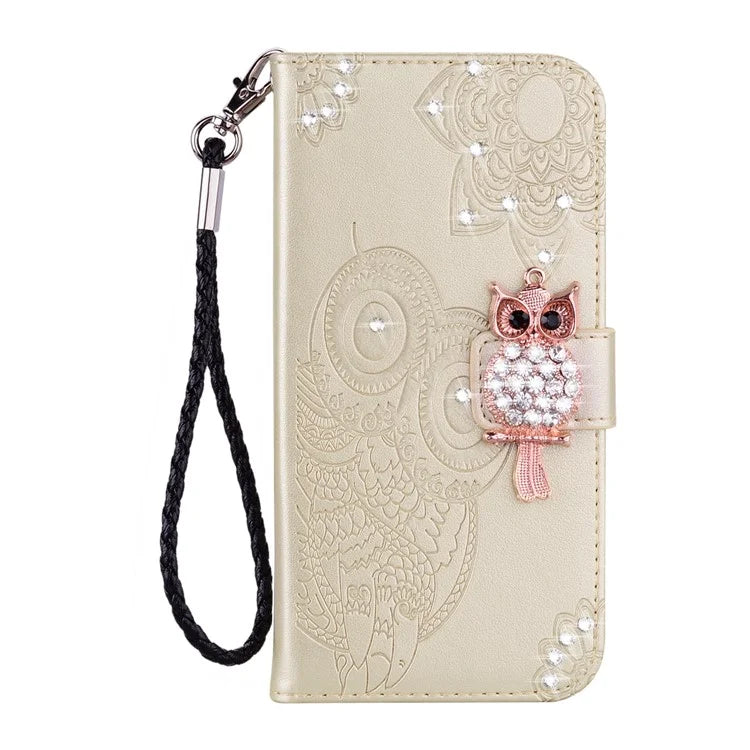 For Samsung Galaxy S24 FE Wallet Case Owl Flower Imprinted Rhinestone Leather Cover