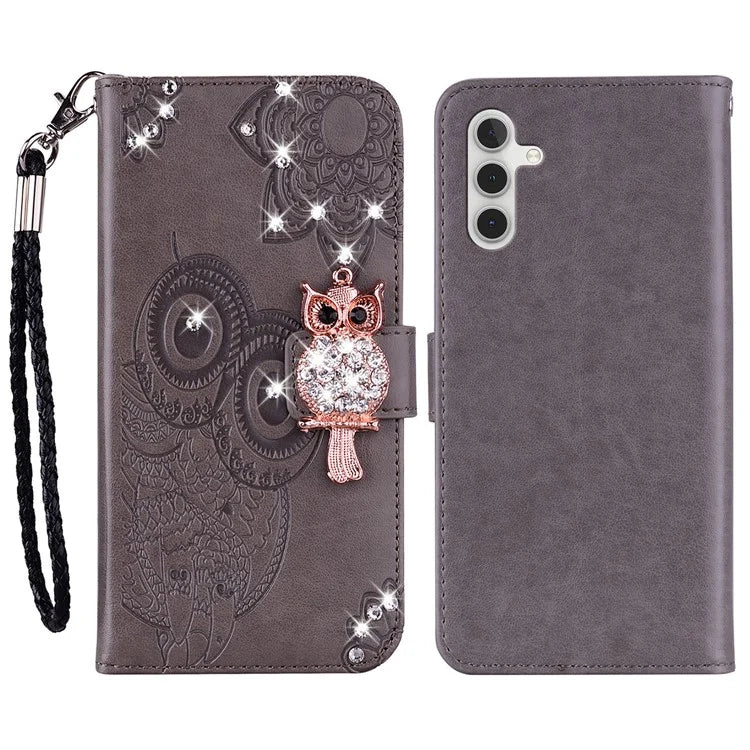For Samsung Galaxy S24 FE Wallet Case Owl Flower Imprinted Rhinestone Leather Cover
