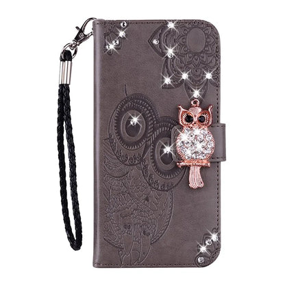 For Samsung Galaxy S24 FE Wallet Case Owl Flower Imprinted Rhinestone Leather Cover