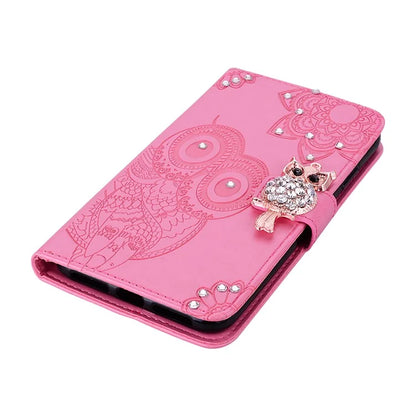 For Samsung Galaxy S24 FE Wallet Case Owl Flower Imprinted Rhinestone Leather Cover