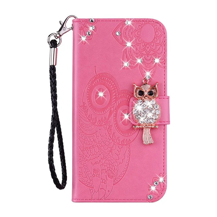 For Samsung Galaxy S24 FE Wallet Case Owl Flower Imprinted Rhinestone Leather Cover