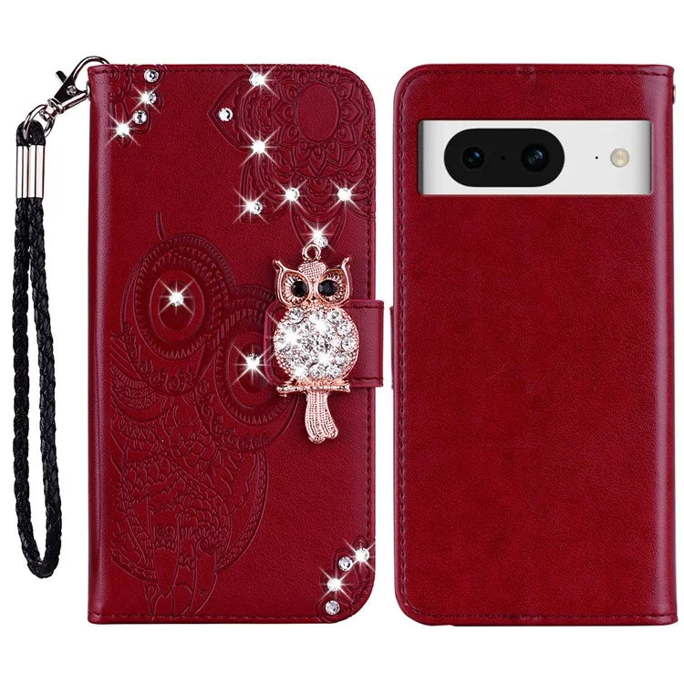 For Google Pixel 9 Pro  /  Pixel 9 Wallet Case Owl Flower Imprinted Rhinestone Leather Cover