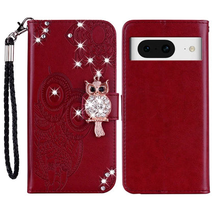 For Google Pixel 9 Pro  /  Pixel 9 Wallet Case Owl Flower Imprinted Rhinestone Leather Cover