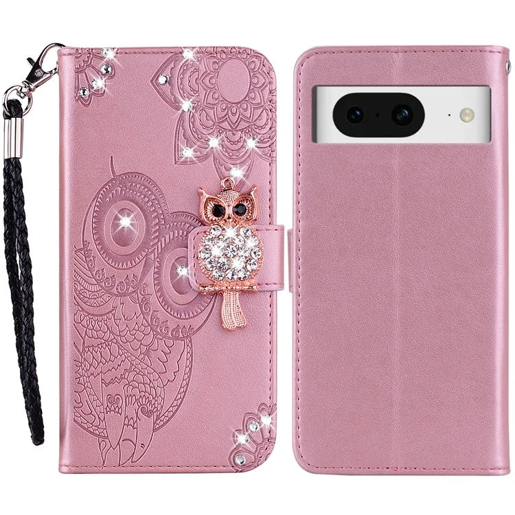 For Google Pixel 9 Pro  /  Pixel 9 Wallet Case Owl Flower Imprinted Rhinestone Leather Cover