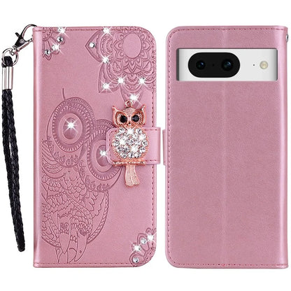 For Google Pixel 9 Pro  /  Pixel 9 Wallet Case Owl Flower Imprinted Rhinestone Leather Cover
