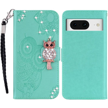 For Google Pixel 9 Pro  /  Pixel 9 Wallet Case Owl Flower Imprinted Rhinestone Leather Cover