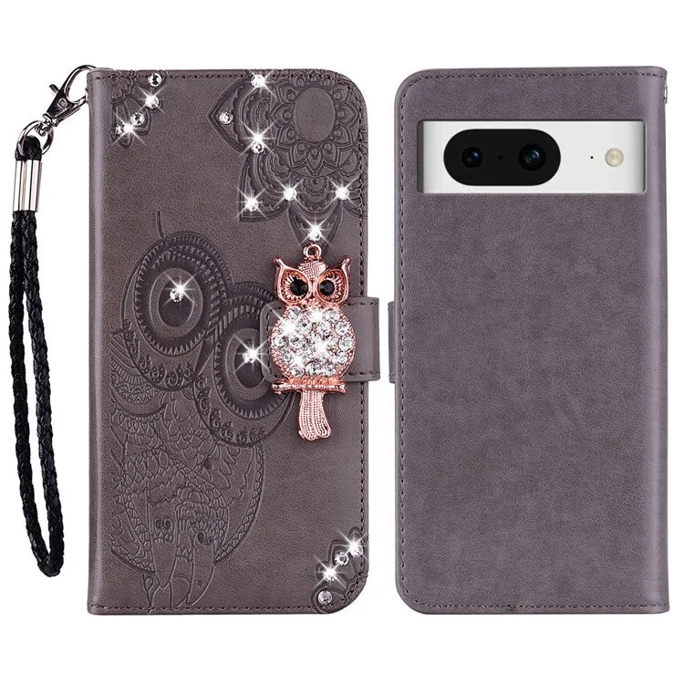 For Google Pixel 9 Pro  /  Pixel 9 Wallet Case Owl Flower Imprinted Rhinestone Leather Cover