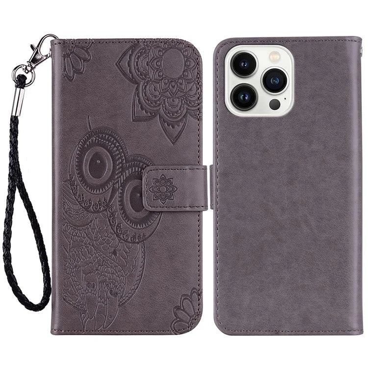 For iPhone 16 Pro Case Owl Flower Imprinted Leather Cover Wallet with Strap
