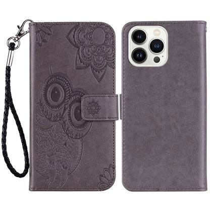 For iPhone 16 Pro Case Owl Flower Imprinted Leather Cover Wallet with Strap