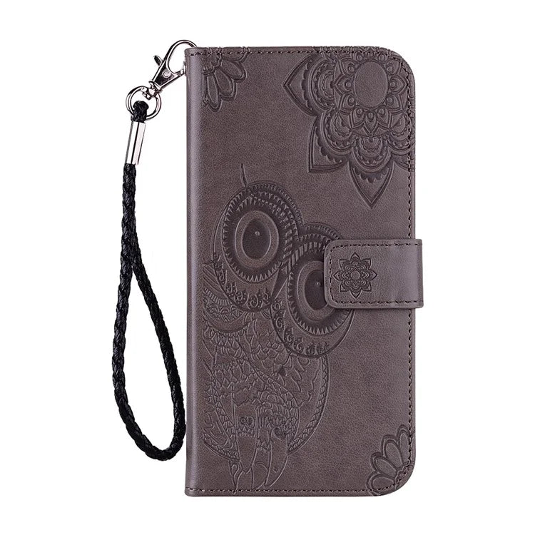 For iPhone 16 Pro Case Owl Flower Imprinted Leather Cover Wallet with Strap