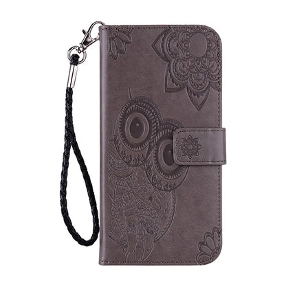 For iPhone 16 Pro Case Owl Flower Imprinted Leather Cover Wallet with Strap