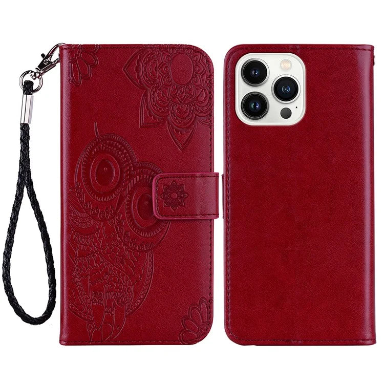 For iPhone 16 Pro Case Owl Flower Imprinted Leather Cover Wallet with Strap