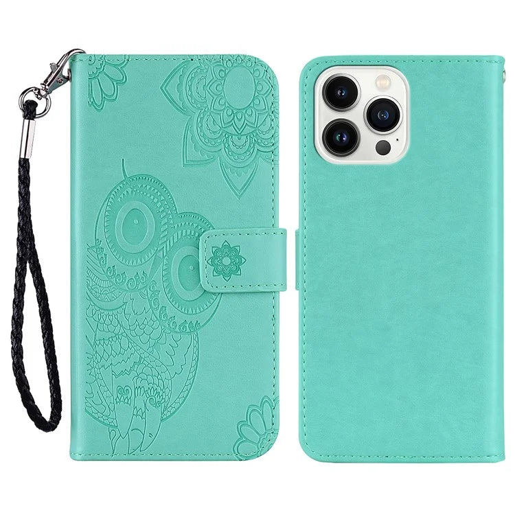 For iPhone 16 Pro Case Owl Flower Imprinted Leather Cover Wallet with Strap