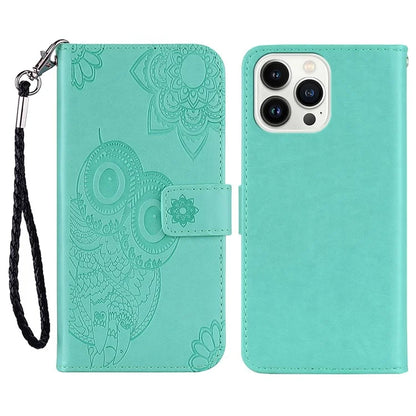For iPhone 16 Pro Case Owl Flower Imprinted Leather Cover Wallet with Strap