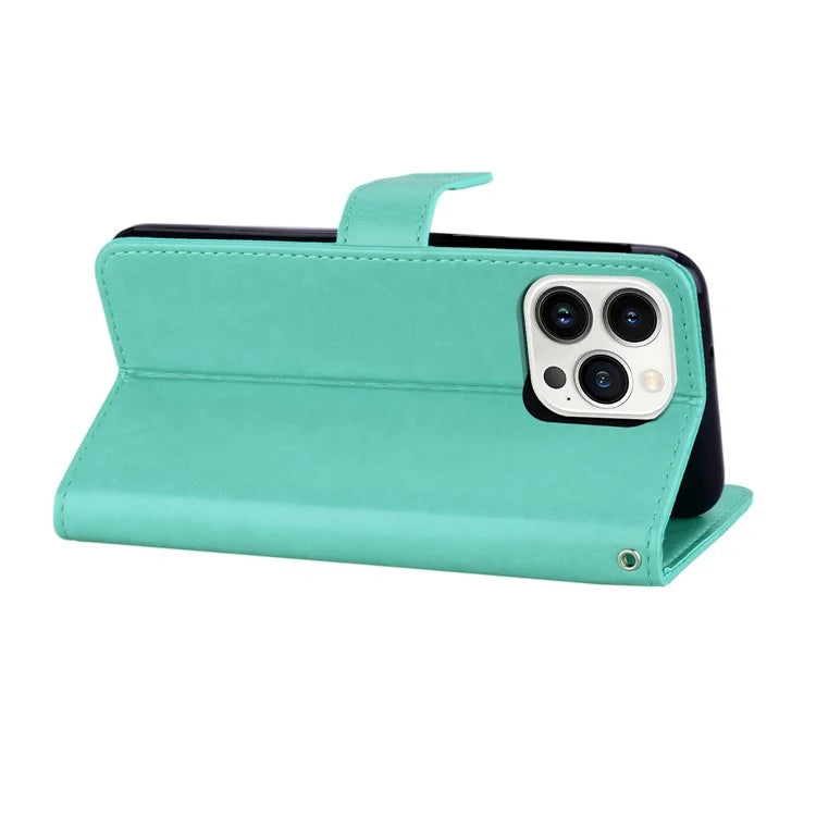 For iPhone 16 Pro Case Owl Flower Imprinted Leather Cover Wallet with Strap