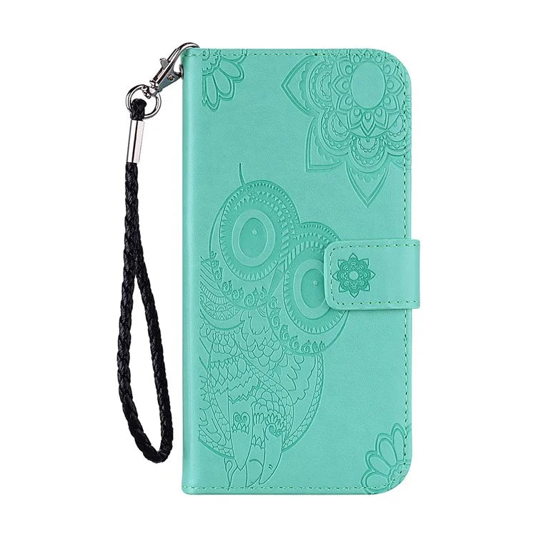 For iPhone 16 Pro Case Owl Flower Imprinted Leather Cover Wallet with Strap