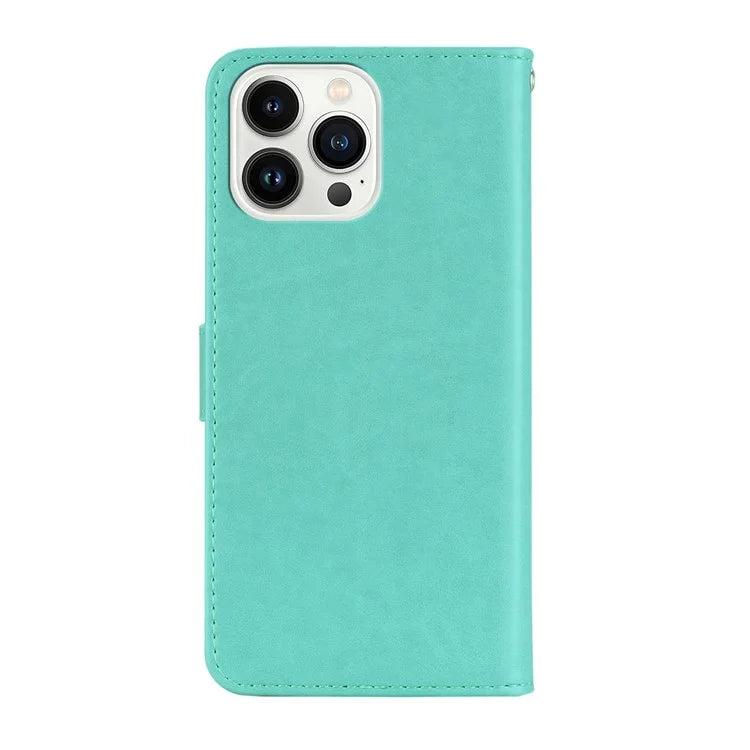 For iPhone 16 Pro Case Owl Flower Imprinted Leather Cover Wallet with Strap