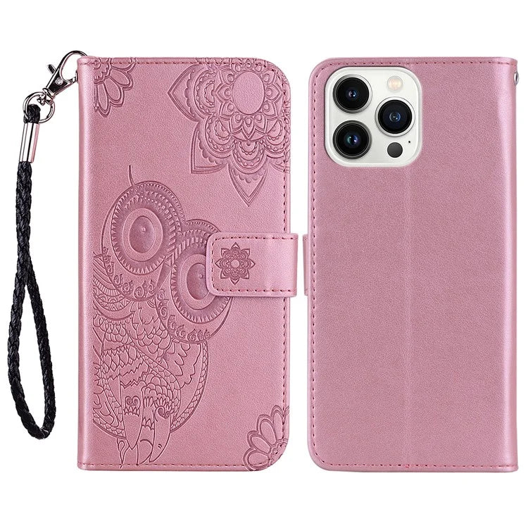 For iPhone 16 Pro Case Owl Flower Imprinted Leather Cover Wallet with Strap