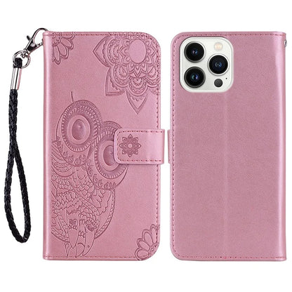 For iPhone 16 Pro Case Owl Flower Imprinted Leather Cover Wallet with Strap