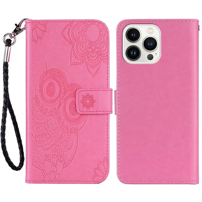 For iPhone 16 Pro Case Owl Flower Imprinted Leather Cover Wallet with Strap