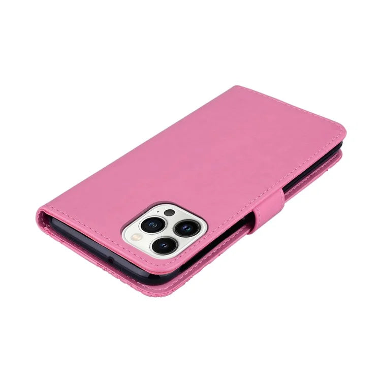 For iPhone 16 Pro Case Owl Flower Imprinted Leather Cover Wallet with Strap