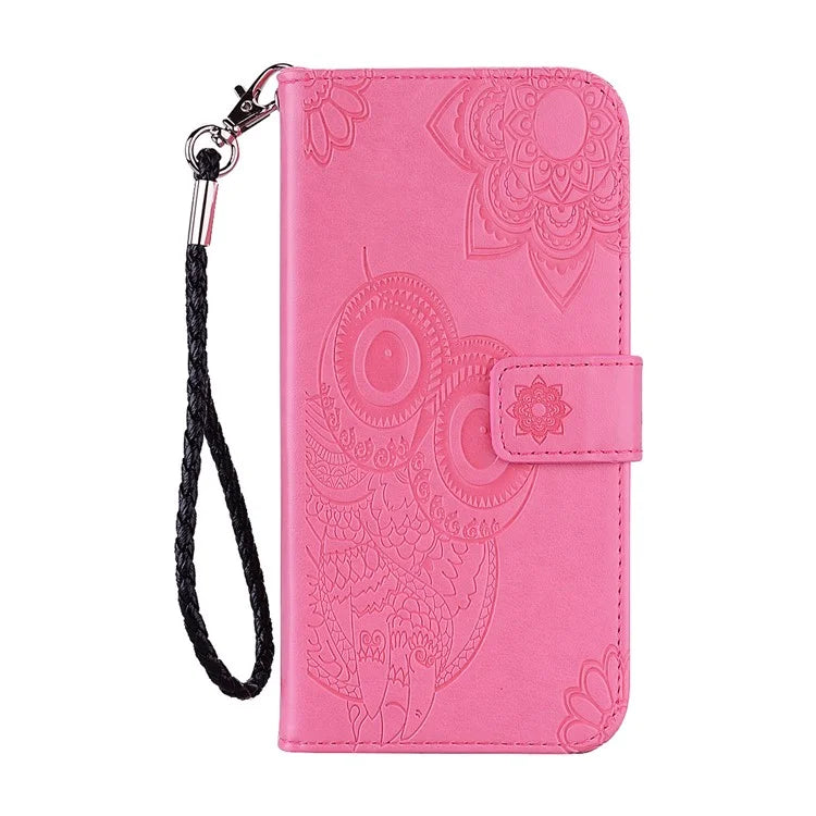 For iPhone 16 Pro Case Owl Flower Imprinted Leather Cover Wallet with Strap