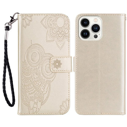 For iPhone 16 Pro Case Owl Flower Imprinted Leather Cover Wallet with Strap